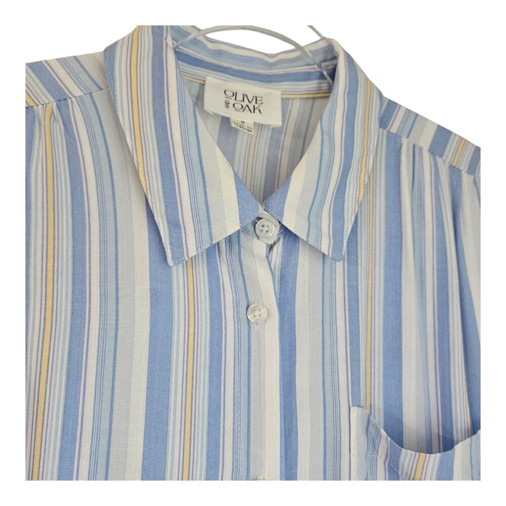 Olive & Oak Womens Small Button Down Vertical Stripes Blue White Cap Sleeves - Picture 3 of 7
